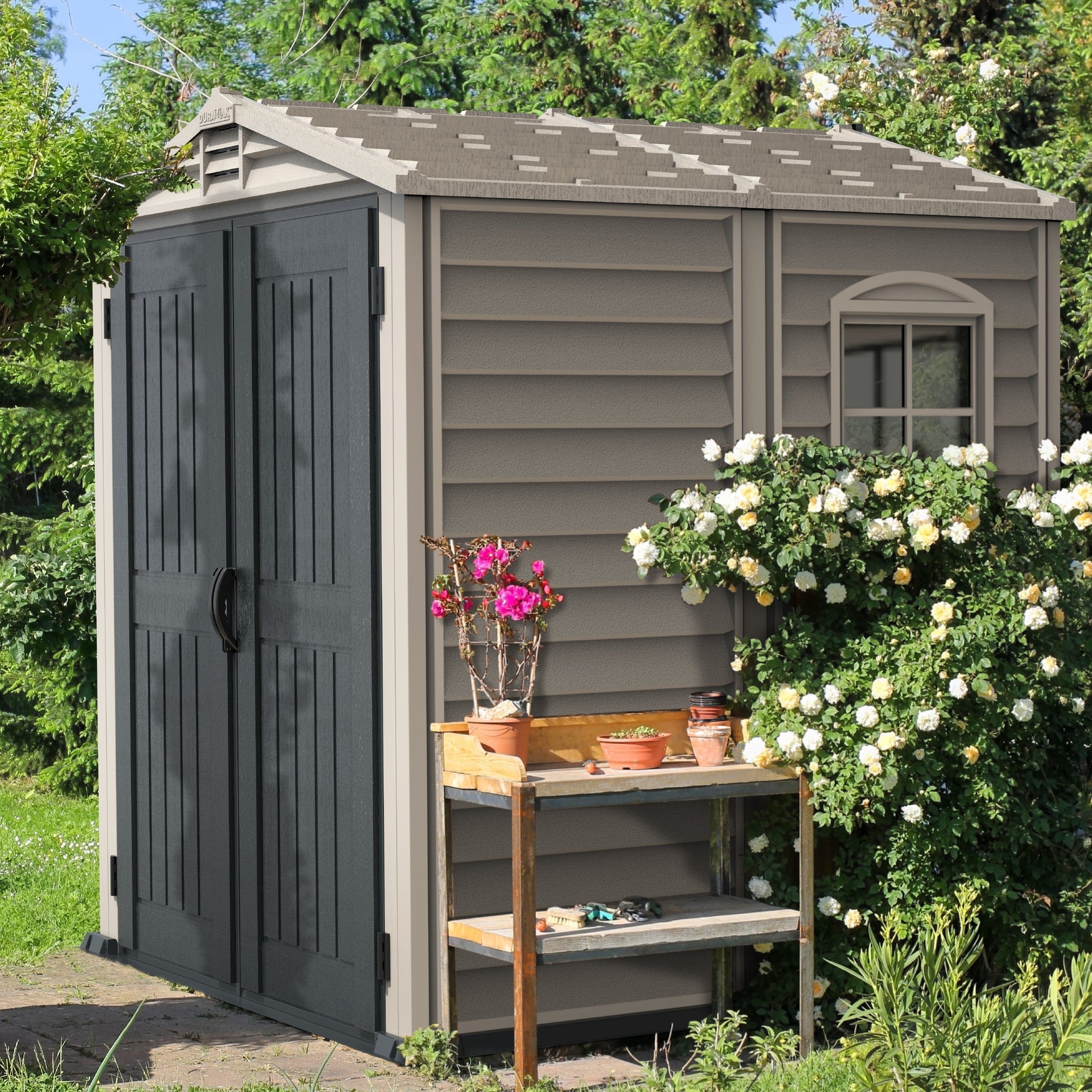 StoreMate PLUS 6x6ft (191 x 191 x 213 cm) Resin Garden Storage Shed Adobe & Anthracite - Cosmoplast Qatar