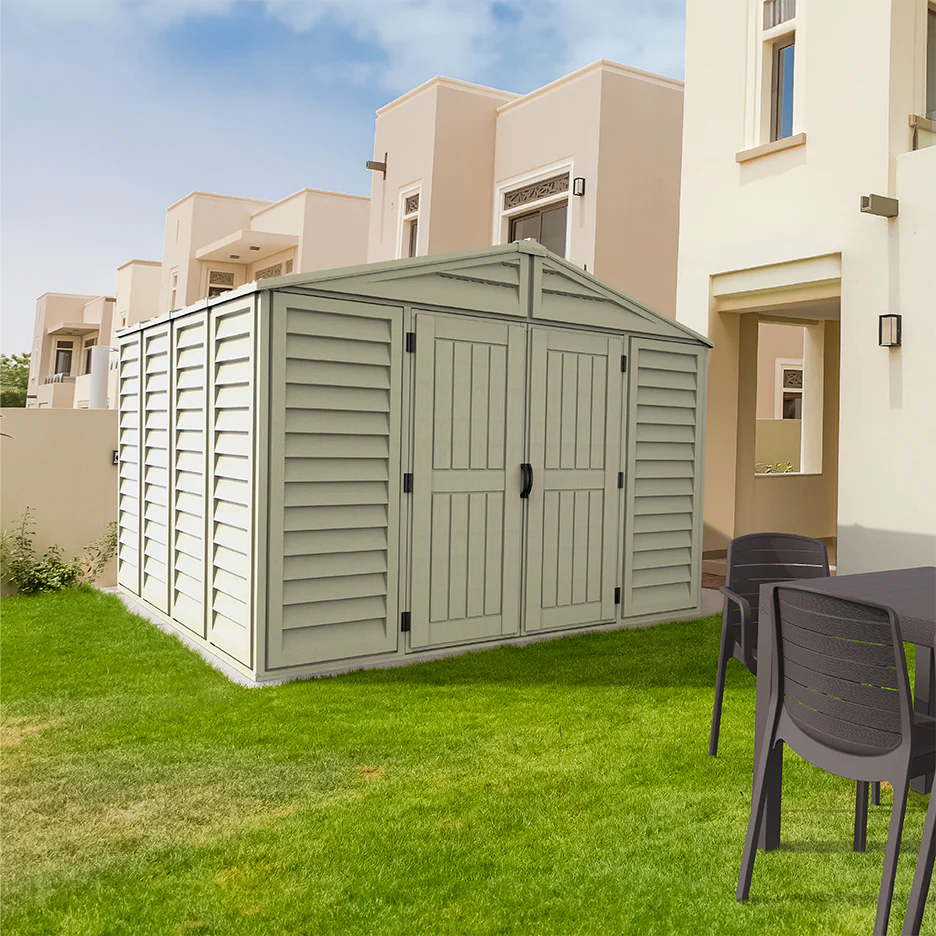 WoodBridge 10.5x8ft Resin Garden Storage Shed with FREE Shelving Rack 4